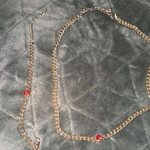 Slide Elegant 18K Gold Plated Chain Necklace and Bracelet Set with Red Accents